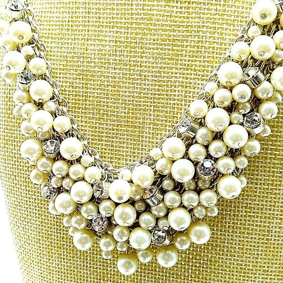 Rhinestone & Faux Pearl Cluster Bib Necklace on Silver-tone Chain - Picture 3 of 15